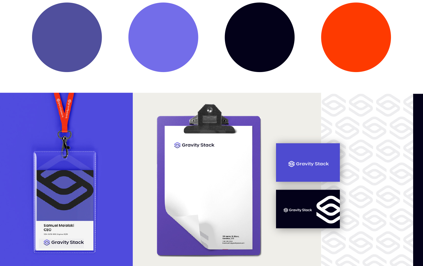 Gravity Stack Rebrand Concept 3 stationery and colours